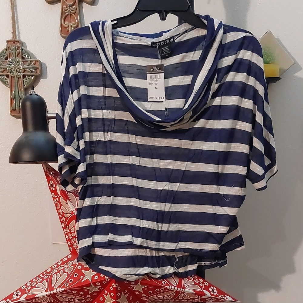 Navy Blue And White Striped Hi Low Semi Sheer Shirt